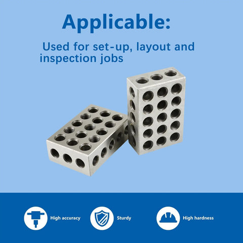Built Tough Precision Hardened Steel Gauge Block Set 1 2 3 Inch Sizes, two cross-drilled calibration blocks for machining.