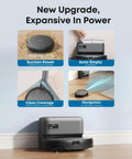 C10 Robot Vacuum With Self Emptying Dock And 4000 Pa Suction LiDAR Smart Mapping Ultra Slim 2.85 Inch Body Edge Expansion Brush For Pet Hair Carpet Detection Quiet Operation Hands Free Emptying For Weeks Of Clean showing features like suction power, auto-empty, clean coverage, and navigation.