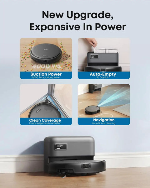 C10 Robot Vacuum With Self Emptying Dock And 4000 Pa Suction LiDAR Smart Mapping Ultra Slim 2.85 Inch Body Edge Expansion Brush For Pet Hair Carpet Detection Quiet Operation Hands Free Emptying For Weeks Of Clean showing features like suction power, auto-empty, clean coverage, and navigation.