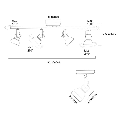 Diagram of Gold LED Track Lighting Kit with Adjustable Ceiling Spotlights, Four Lights, Rotatable Heads for kitchen and living areas.