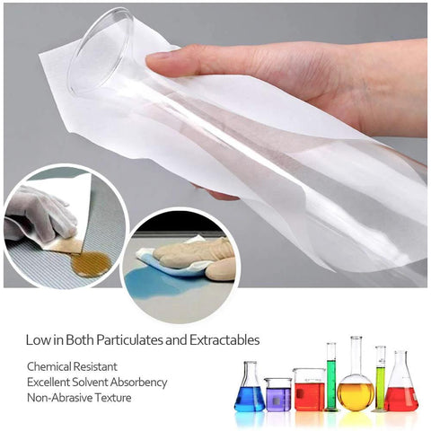 Hand using Lint Free Cleanroom Wipes 4x4 Nonwoven Polyester Cellulose Blend 600 Pcs on glass beaker, showing absorbency