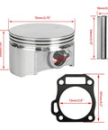 70mm Flat Top Piston And 0.550 Ring Kit For Predator 212cc 224cc And GX160 GX200 6.5HP Engines Boost Power For Mini Bikes And Go Karts With Head Gasket And 18Lb Valve Springs, showing piston, measurements, pin, and gasket.