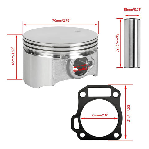 70mm Flat Top Piston And 0.550 Ring Kit For Predator 212cc 224cc And GX160 GX200 6.5HP Engines Boost Power For Mini Bikes And Go Karts With Head Gasket And 18Lb Valve Springs, showing piston, measurements, pin, and gasket.
