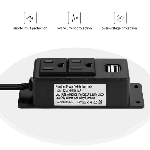 Mountable Power Strip With USB Ports And 2 AC Outlets, 6.56Ft Extension Cord, protective features visible, black