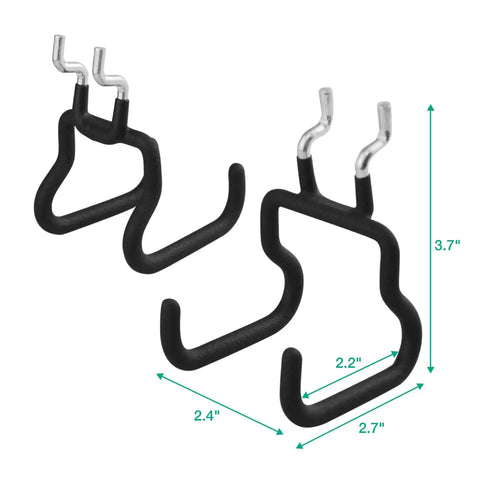 Close-up view of Eight Pack Pegboard Hooks for One Quarter Inch Pegboards Heavy Duty Metal Tool Hangers with dimensions and design.