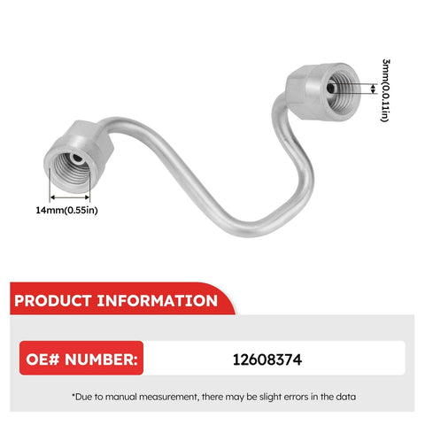 Intermediate High Pressure Fuel Feed Pipe From Pump To Rail For 2010-2017 Chevy Equinox Impala Malibu Orlando Captiva Sport Buick Lacrosse Regal Verano Buick Allure GMC Terrain Plug And Play Direct Fit Fuel Line Upgrade, part number 12608374, with dimensions shown.