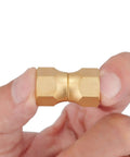 Two Pack Brass 1/4 Inch Female Flare Swivel Adapter Kit For Plumbing, Must Have Swivel Nut Flare Tube Fitting Valve Connector, Durable Solid Brass, Leak Proof, Easy Install, High Pressure Compatible, held between fingers