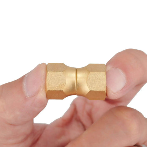 Two Pack Brass 1/4 Inch Female Flare Swivel Adapter Kit For Plumbing, Must Have Swivel Nut Flare Tube Fitting Valve Connector, Durable Solid Brass, Leak Proof, Easy Install, High Pressure Compatible, held between fingers
