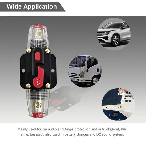 High-Octane 30 Amp Manual Reset Car Circuit Breaker Waterproof Inline Fuse Block For 12V To 25V Vehicles, showing detailed view.
