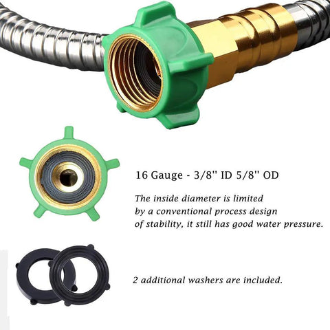 Close-up of Heavy Duty 304 Stainless Steel Garden Hose Extension 100 Feet with brass nozzle and green connector.