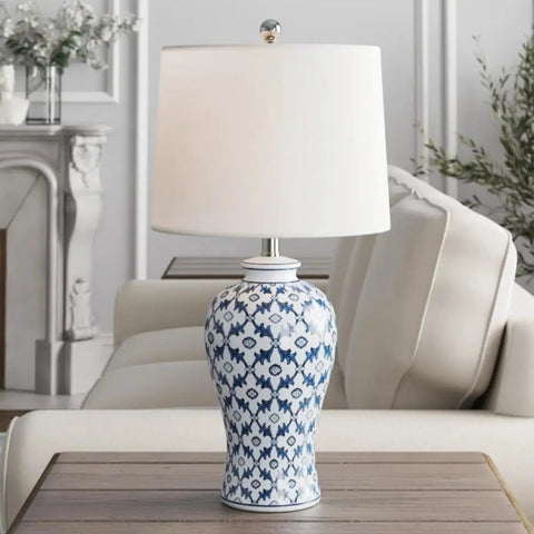 Blue Ceramic Table Lamp With White Fabric Shade Chinoiserie Urn Style Hand Painted Detail Brings Cozy Coastal Vibe