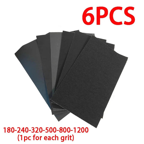 Top Tier 6Pcs Wet Dry Sandpaper Sheets With Grits From 180 To 1200 for car headlight resto, woodworking and home DIY projects.