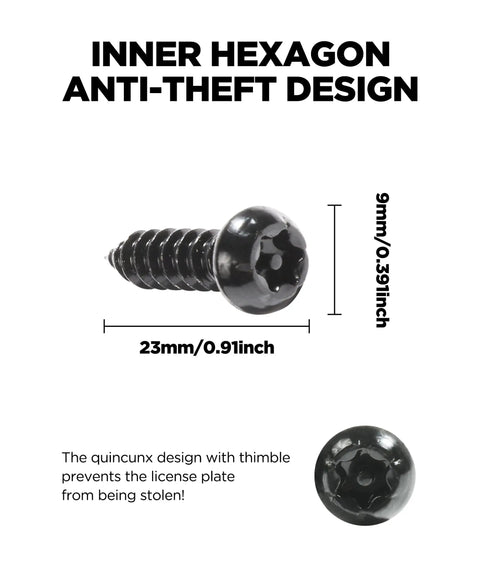 Heavy Duty Black Stainless Steel License Plate Screws With Tamper Proof Anti Theft Hardware and Nylon Inserts for Cars, showing hexagon design.