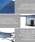Portable Foldable Metal Framed Hammock With Cup Holder And Built In Storage Pocket And Quick Fold System, blue with mesh pocket.