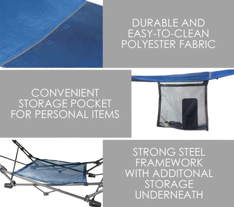 Portable Foldable Metal Framed Hammock With Cup Holder And Built In Storage Pocket And Quick Fold System, blue with mesh pocket.