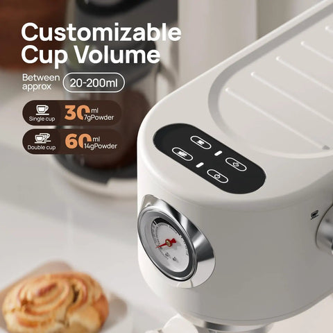 Next Level Drip 20 Bar Espresso Machine With Auto Milk Frother And Pro Steam Wand For Barista Style Home Brewing Quick Heat Tech For Thick Crema And Drip Free Latte Game Daily customizable cup volume display with measurement indicators.