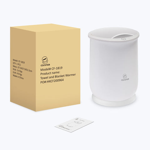 Large Towel Warmer for Bathroom with Auto Shut Off, Fast Heat Up in Minutes, shown with packaging and manual