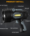 Rechargeable Handheld Spotlight 2,000,000 Lumen Led Flashlight with Cob Light showing features like rubber cap, folding stand, side light