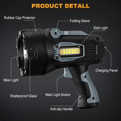 Rechargeable Handheld Spotlight 2,000,000 Lumen Led Flashlight with Cob Light showing features like rubber cap, folding stand, side light