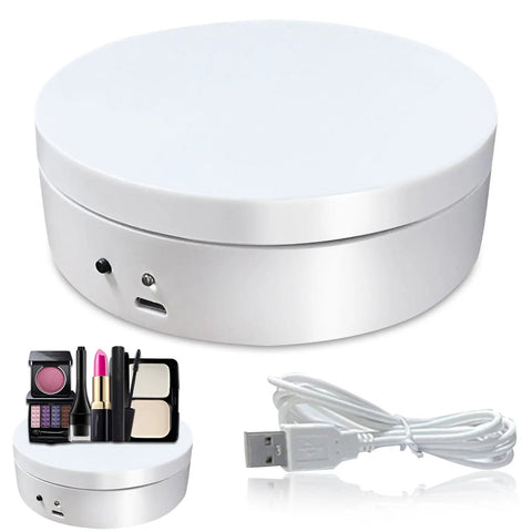 Herxsin Electric Rotating Display Stand 360 Degree Motorized Turntable With Usb Power Cable Showcase For Jewelry Watch Models And Photography Products Smooth Spin White Finish with makeup items and USB cable