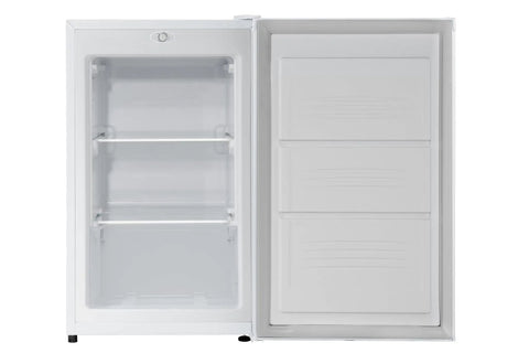 Chill Your Stash Or Freeze Your Snacks In This Solid Convertible Upright Freezer Fridge 3 Cubic Feet White with interior shelves.
