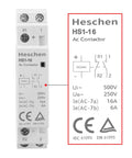 Household AC Contactor HSR1-16 16A 2 Pole 2NC with 24V DC Coil, front view showing specifications and CE TUV listing