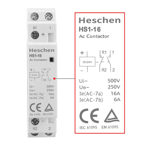 Household AC Contactor HSR1-16 16A 2 Pole 2NC with 24V DC Coil, front view showing specifications and CE TUV listing