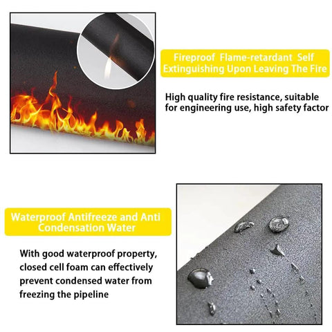 Pipe Insulation Foam Tube 3/8 Inch ID, 3/8 Inch Wall, 6 Feet Long Black EPDM Tubing showcasing fire resistance and waterproof features