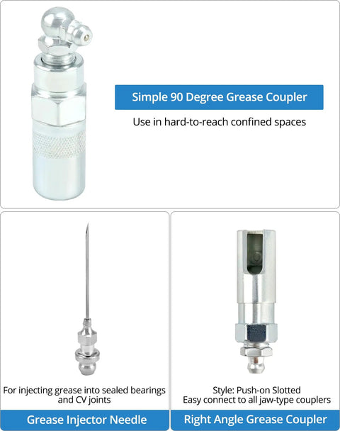 Nine Piece Grease Gun Tip Set With Universal Couplers For All Grease Lubrication Jobs Includes Simple 90 Degree Grease Coupler