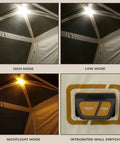 Lighting modes and wall switch of Ten Person Instant Cabin Tent With Built In Led Lighting And Pop Up Setup Large Lighted Camping Tent