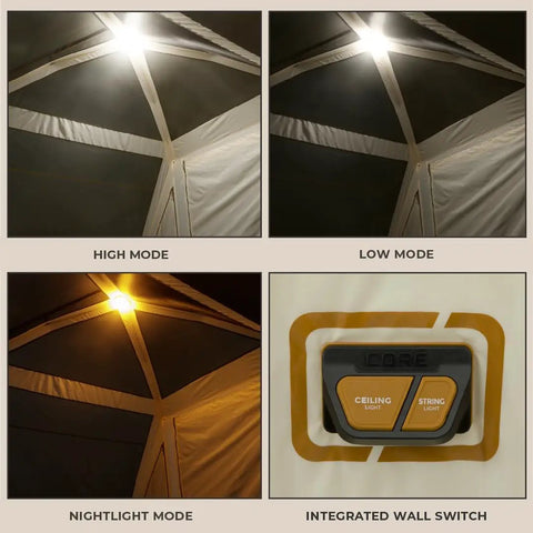 Lighting modes and wall switch of Ten Person Instant Cabin Tent With Built In Led Lighting And Pop Up Setup Large Lighted Camping Tent