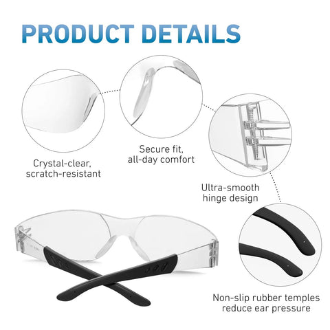 Clear ANSI Z87.1 Safety Glasses For Men And Women with scratch-resistant lenses and rubber temples for comfort.