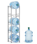 5 Tier Water Jug Stand Storage Rack For Five Gallon Jugs Detachable Heavy Duty Water Dispenser Shelf with blue water bottles.