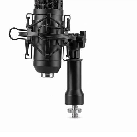 Six Pack 1/4 Inch Male To Male Threaded Adapter Screw Extender For Camera Cage And Light Stand Hella Durable Knurled Alloy Grip Smooth Mounting Hardware showing black threaded connector with microphone mount.