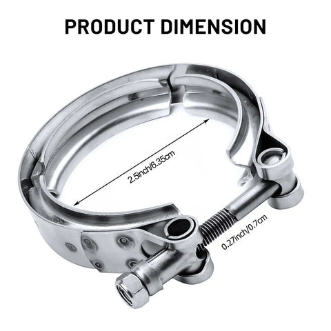 3 Inch Stainless Steel V Band Clamp Kit With Mild Steel Male And Female Flanges For Turbo Exhaust Downpipes And Racing Street Ready Upgrades Easy Disassembly Beefy Heavy Duty Clamp Pair For Quick Exchange 2 Piece Set showing product dimensions of 2.5 inches and 0.27 inches.