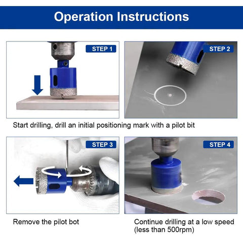 Operation instructions for using Tile Diamond Drill Bits Kit For Porcelain And Ceramic Tile 16 Piece Hole Saw Set with Core Bits.