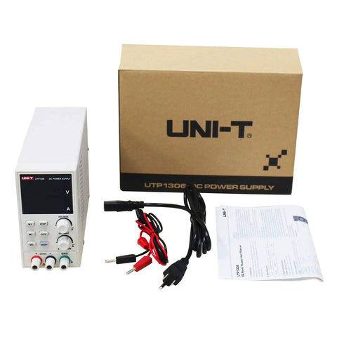 Variable DC Power Supply For Bench Use With 32V 6A Output OVP OCP OTP Protection, box, cables, manual, UTP1306 model