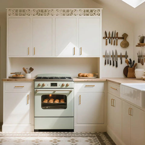 10 Pack Antique Brass Cabinet Pulls Square Design With Five Inch Center To Center About Five And Two Fifths Inches Long Solid Zinc Alloy Kitchen Cabinet Handles Polished Gold Drawer Pulls Hardware on white kitchen cabinets above a vintage-style oven.