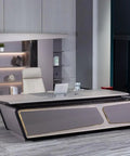 Spacious Executive Computer Desk Crafted From Legit Solid Wood With Sleek Lacquer Finish Adjustable Standing Workstation in modern office setting.