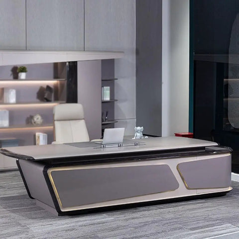 Spacious Executive Computer Desk Crafted From Legit Solid Wood With Sleek Lacquer Finish Adjustable Standing Workstation in modern office setting.