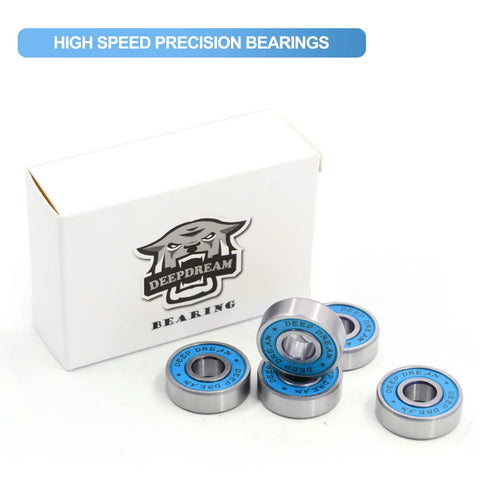 Front view of 608RS skateboard bearings, blue-sealed chrome steel, 8x22x7mm, Deep Dream brand, white box.