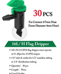 Close-up of 4 GPH flag dripper, part of 90 Piece Flag Dripper Kit For Garden Irrigation In Three Colors And Three Sizes With 1 GPH 2 GPH And 4 GPH Emitters, Perfect For Trees And Shrubs, Compatible With Half Inch Main Lines And Quarter Inch Branch Lines.