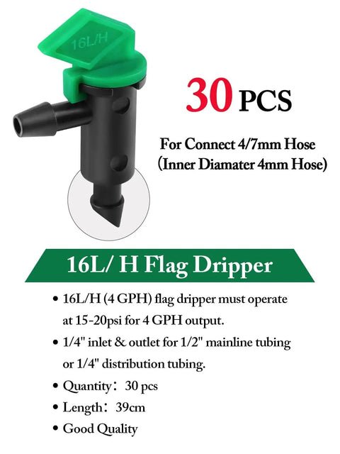 Close-up of 4 GPH flag dripper, part of 90 Piece Flag Dripper Kit For Garden Irrigation In Three Colors And Three Sizes With 1 GPH 2 GPH And 4 GPH Emitters, Perfect For Trees And Shrubs, Compatible With Half Inch Main Lines And Quarter Inch Branch Lines.