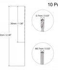 Diagram of Ten Pack 0.7mm Mini Micro Twist Drill Bits Set, Extra Long 60mm Shank with measurements and close-up details.