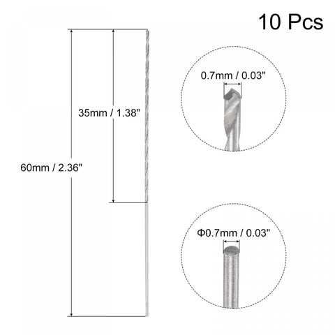 Diagram of Ten Pack 0.7mm Mini Micro Twist Drill Bits Set, Extra Long 60mm Shank with measurements and close-up details.
