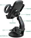Heavy Duty Car Phone Mount With Grip Tight 3 Inch Sticky Gel Suction Cup Hella Secure Locking Lever For Dashboard Or Windshield Universal Smartphone Holder features grip arm, release button, and adjustable knob.