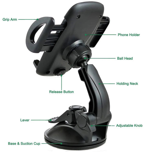 Heavy Duty Car Phone Mount With Grip Tight 3 Inch Sticky Gel Suction Cup Hella Secure Locking Lever For Dashboard Or Windshield Universal Smartphone Holder features grip arm, release button, and adjustable knob.