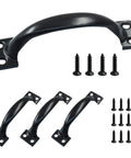 4 Pack Black Antique Gate Pull Handles 4 Inch Curved Metal Door Pulls For Cabinets with screws, shown in view with handles and screws