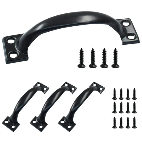 4 Pack Black Antique Gate Pull Handles 4 Inch Curved Metal Door Pulls For Cabinets with screws, shown in view with handles and screws