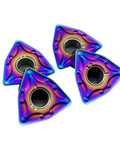 Top Tier 10Pcs Indexable Carbide Lathe Tool Set With WNMG080404 Blades, four colorful triangular carbide inserts for metal cutting.